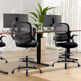 Sweetcrispy Tall Drafting Desk Chair - Ergonomic High Stool Computer with Adjustable Height and Comfy Lumbar Support, Office Rolling Counter for Standing Desk with Flip-up Arm and Footrest, Black Sweetcrispy