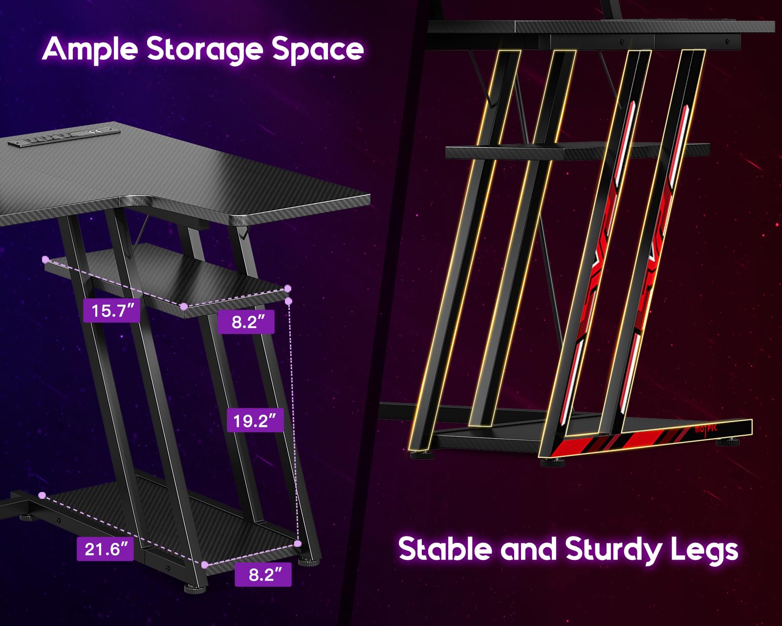 MOTPK Small Gaming Desk with LED Lights & Power Outlets, 39 Inch L Shaped Gaming Computer Desk with Storage Shelf, Gamer Desk with Monitor Stand, PC Gaming Table with Carbon Fiber Texture, Bl - WoodArtSupply