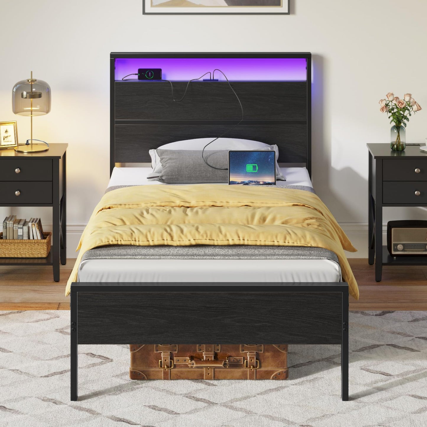 Rolanstar Bed Frame with Charging Station, Twin Bed with LED Lights Headboard, Metal Platform, Strong Metal Slats, 10.2” Under Bed Storage Clearance, No Box Spring Needed, Noise Free