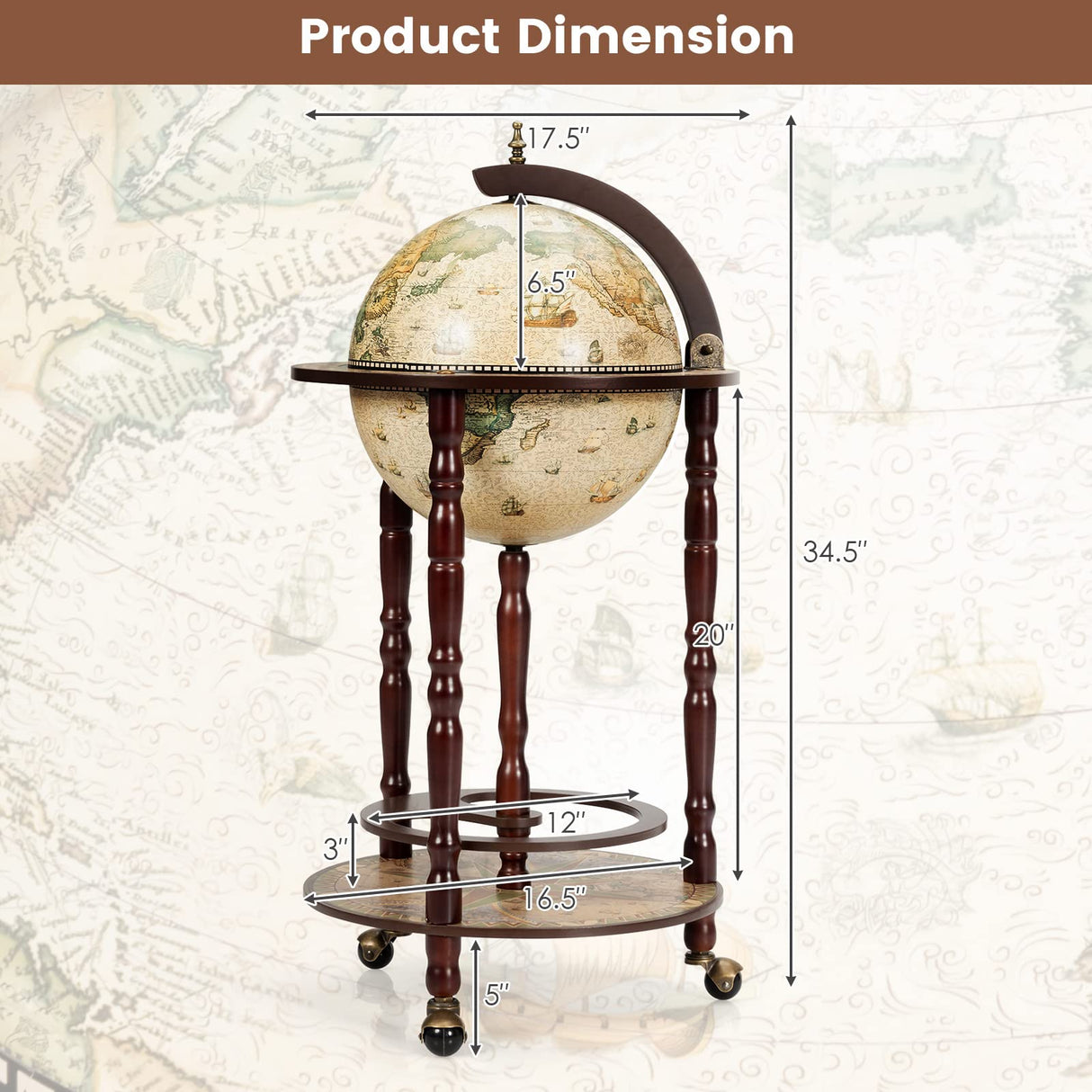 LDAILY Globe Bar, 17.5’’ Wood Antique Wine Bar Stand with Wheels, Bottom Shelf & Old World Map, 16 Century Italian Replica Globe Bar Liquor Cabinet, Large Capacity Bar Cart for Home, Restaurant, Party LDAILY