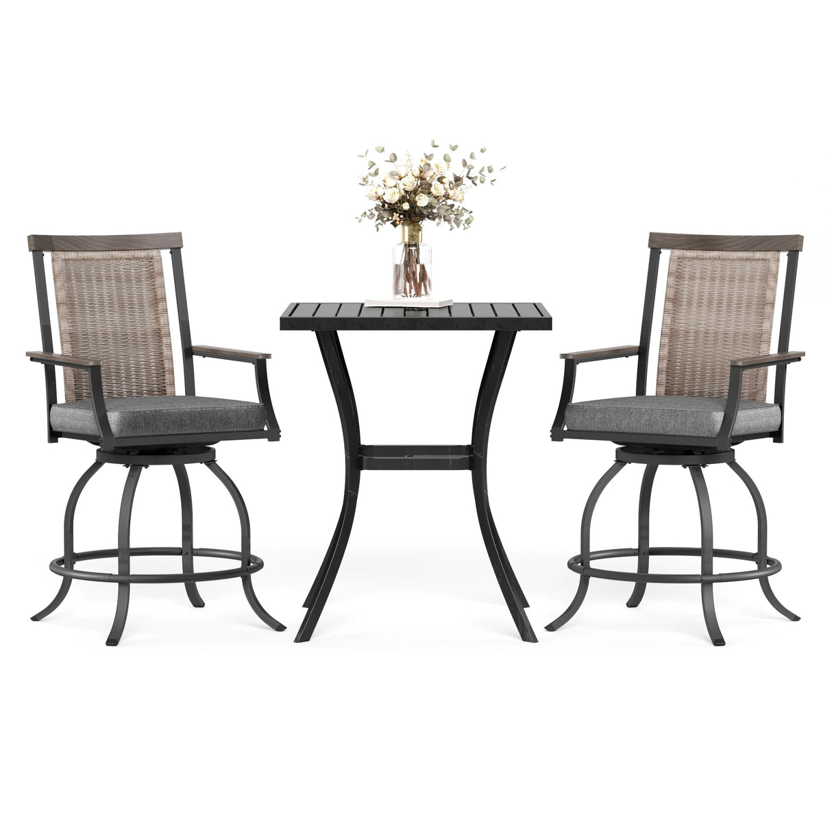 MFSTUDIO 3-Piece Outdoor Bar Set with 2 Swivel Wicker Rattan Cushion Chairs and 1 Metal Table, Perfect Patio Counter Height Table and Chairs MFSTUDIO
