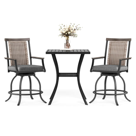 MFSTUDIO 3-Piece Outdoor Bar Set with 2 Swivel Wicker Rattan Cushion Chairs and 1 Metal Table, Perfect Patio Counter Height Table and Chairs MFSTUDIO