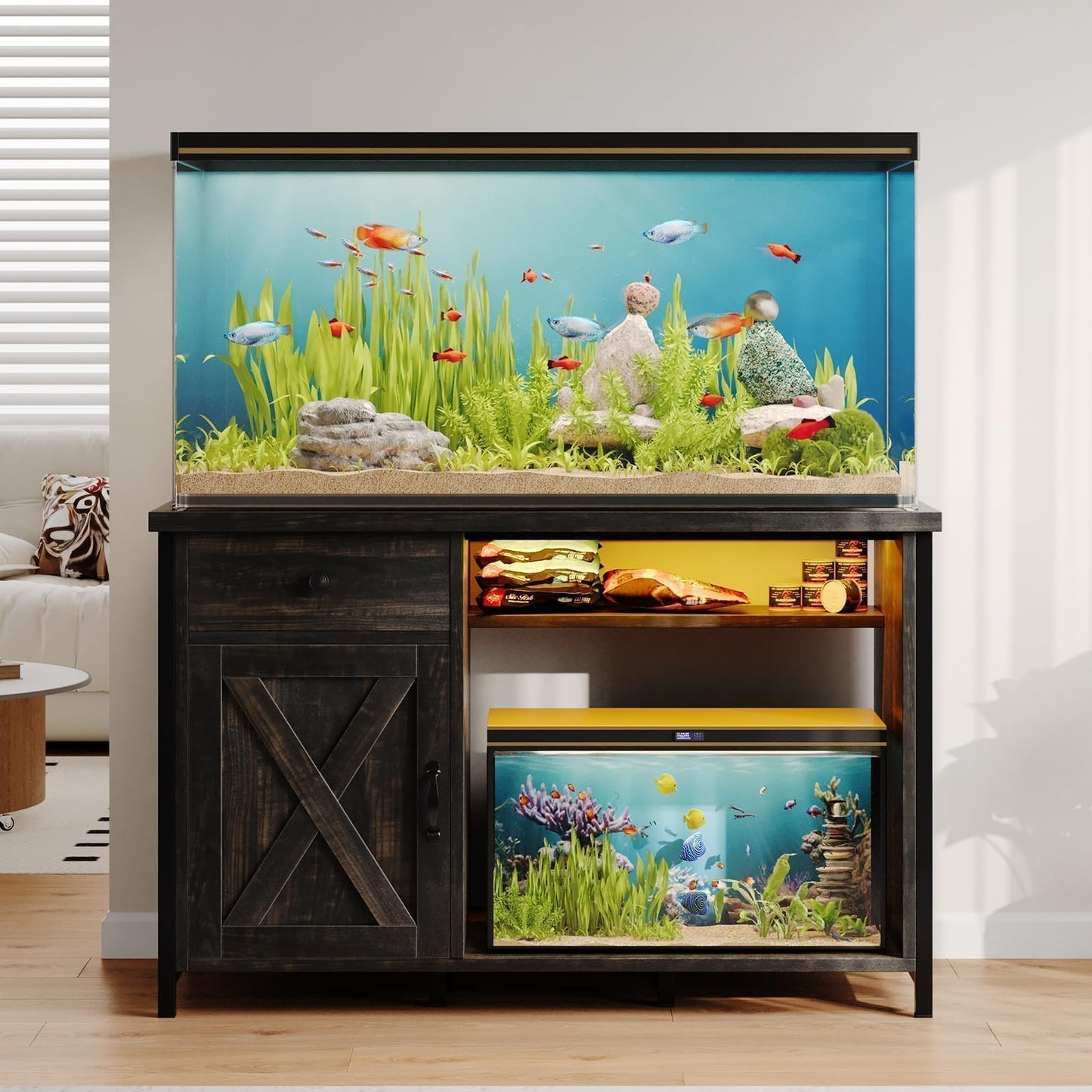 4ever2buy 55-75 Gallon Aquarium Stand with Power Outlets & LED Light, Metal Frame Fish Tank Stand with Drawer & Barn Door, Turtle Reptile Terrariums Stand with Fish Tank Accessories Storage, Dark Oak