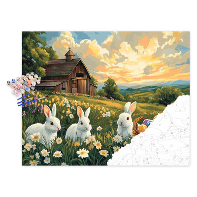 Bunny Paint by Numbers for Adults, Easter Paint by Number, Easter Eggs Wall Art, Rabbit Poster, Christian Acrylic Painting, Spring Farm Rustic Landscape Home Wall Decor(16x20inch)