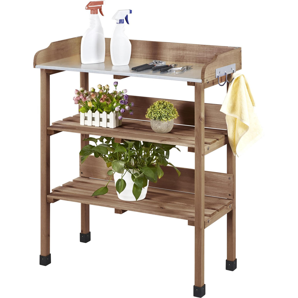 Yaheetech Outdoor Garden Potting Bench Table, Wooden Horticulture Planting Worstation w/Metal Tabletop/Storage Shelf/3 Hooks, Brown Yaheetech