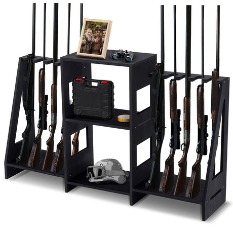 DoubleFill Gun Rack Wooden Display Stand Rifle Rack for Garage Storage Holds 10 Long Guns and Accessories Organizer for Shooting Clubs, Hunting DoubleFill