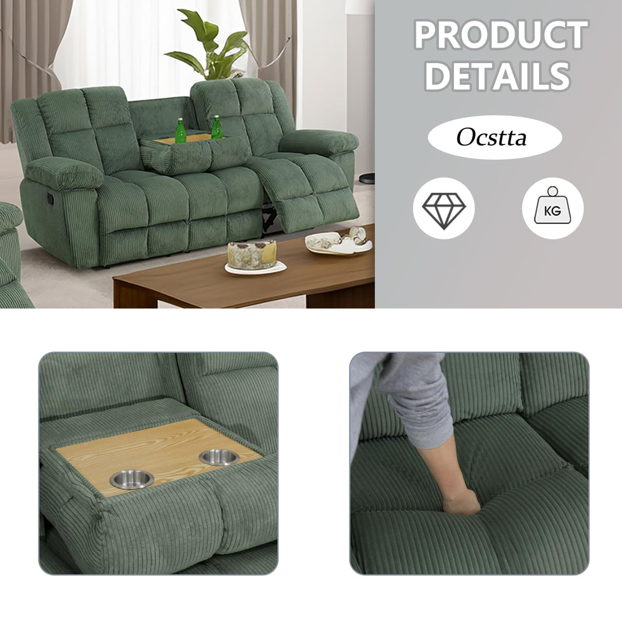 Manual Recliner Sofa Set,Corduroy Reclining Couch Set,Modern Living Room Furniture Set,Reclining Sofa Couch Chair for Living Room Home Office(Green,3 Pieces Set) Pon Living Furniture Inc