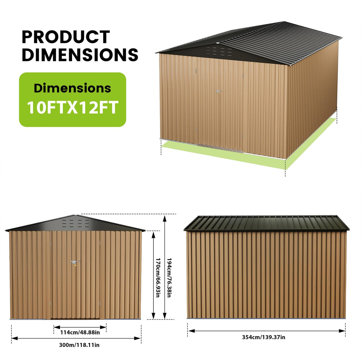 10x12 Ft Outdoor Metal Storage Shed, Galvanized Steel Garden Sheds with Lockable Doors, Extra Large Utility and Tool Storage for Patio Lawn Backyard Outside Use, Brown CuisinSmart