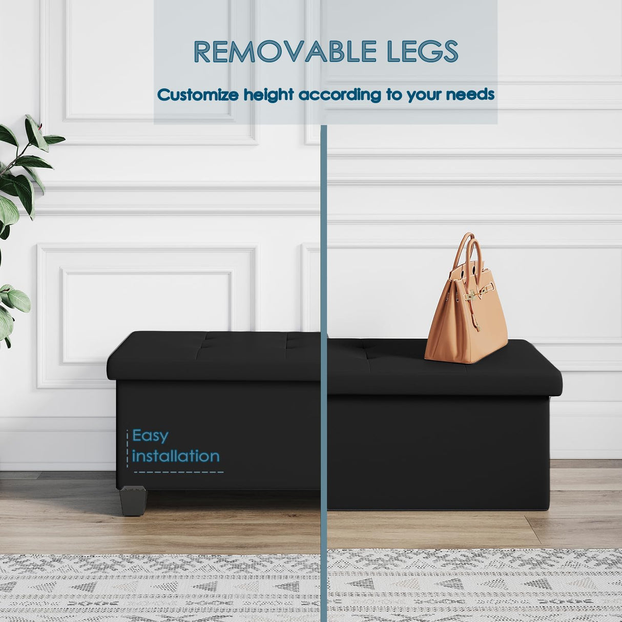 Storage Ottoman Bench with Storage Bins, 43-In Storage Bench for Bedroom End of Bed, Ottoman Foot Rest, Black Ottoman with Storage for Living Room, Bench with Storage Max 660lbs, Faux Leather Ottoman STORAGEBUD