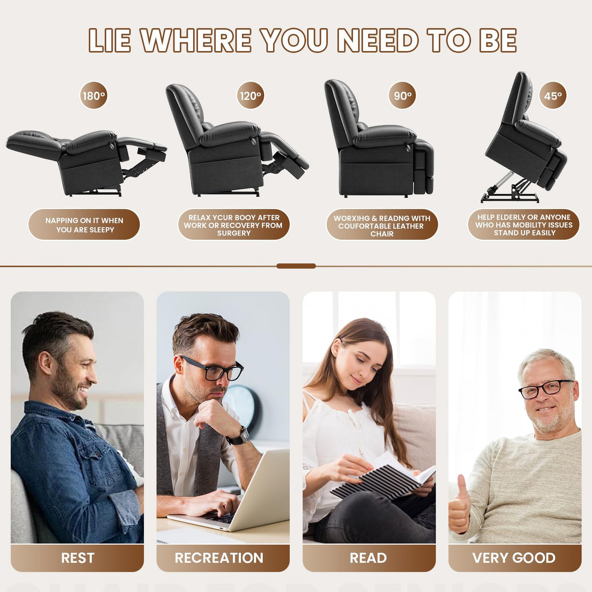 Couchus Large Dual Motor Power Lift Recliner Chair with Massage and Heat for Elderly People, Infinite Position,USB Ports and Remote Control,Breathable Leather Couchus