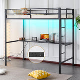 Karl home Twin Metal Loft Bed with Desk, with Power Outlet and LED Lighted, Safety Guardrail & Ladder, Space Saving, No Noise, No Box Spring Needed, Black Karl home