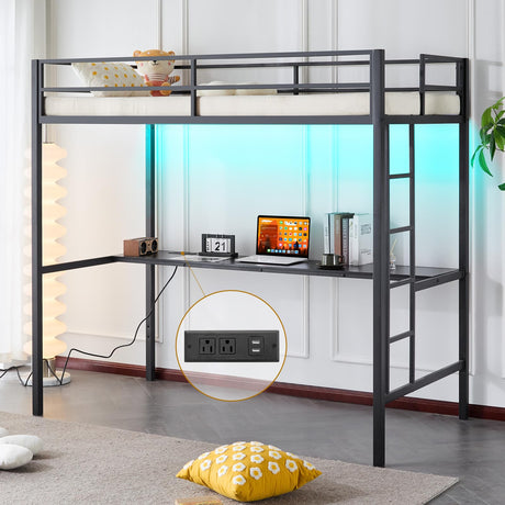 Karl home Twin Metal Loft Bed with Desk, with Power Outlet and LED Lighted, Safety Guardrail & Ladder, Space Saving, No Noise, No Box Spring Needed, Black Karl home