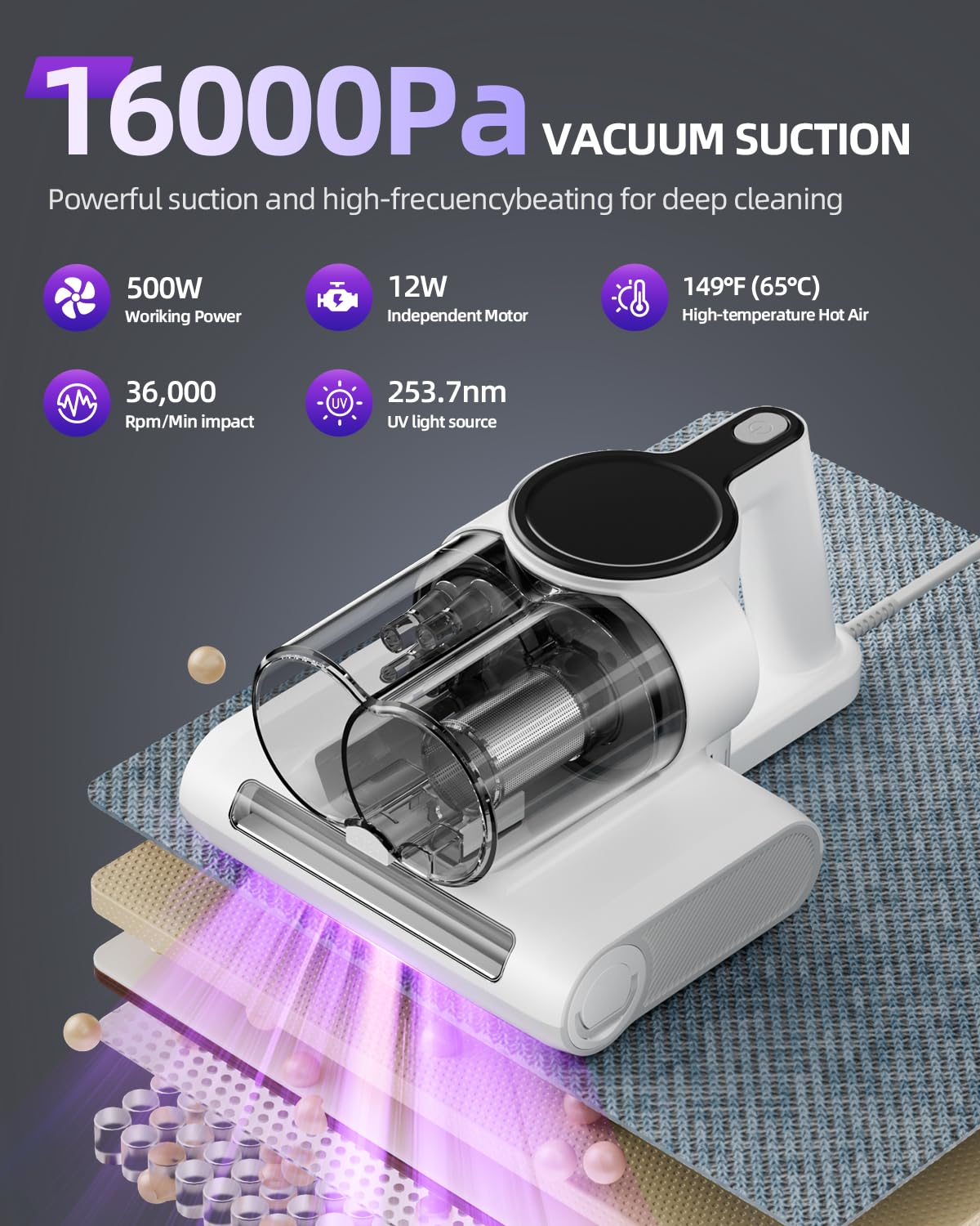 Mattress Vacuum Cleaner, Bed Vacuum Cleaner with 253.7nm UV-C Light, 16Kpa Suction, 36,000 RPM/Min Brushroll, Heating Function, Corded Bagrox