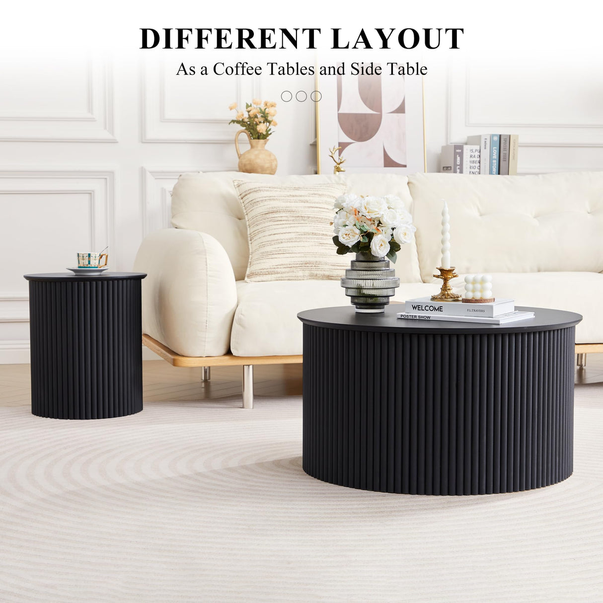 Fluted Round Nesting Coffee Table Set of 2, Mid Century Modern Wood Coffee Table and End Table Set, Minimalist Center Tables Circle Side Table for Living Room, Office(Black RUSTYER