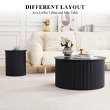 Fluted Round Nesting Coffee Table Set of 2, Mid Century Modern Wood Coffee Table and End Table Set, Minimalist Center Tables Circle Side Table for Living Room, Office(Black RUSTYER