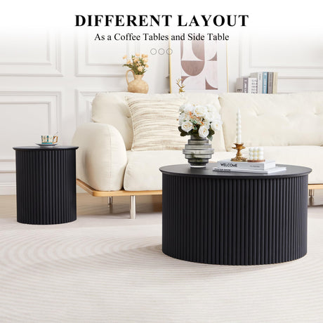 Fluted Round Nesting Coffee Table Set of 2, Mid Century Modern Wood Coffee Table and End Table Set, Minimalist Center Tables Circle Side Table for Living Room, Office(Black RUSTYER