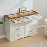 Tltaroni Farmhouse 8 Drawer Dressers, Wooden Chest of Drawers with Glass Top LED Light Charging Station Human Sensor Storage Organizer for Living Room Bedroom and Hallway, Antique White Tltaroni