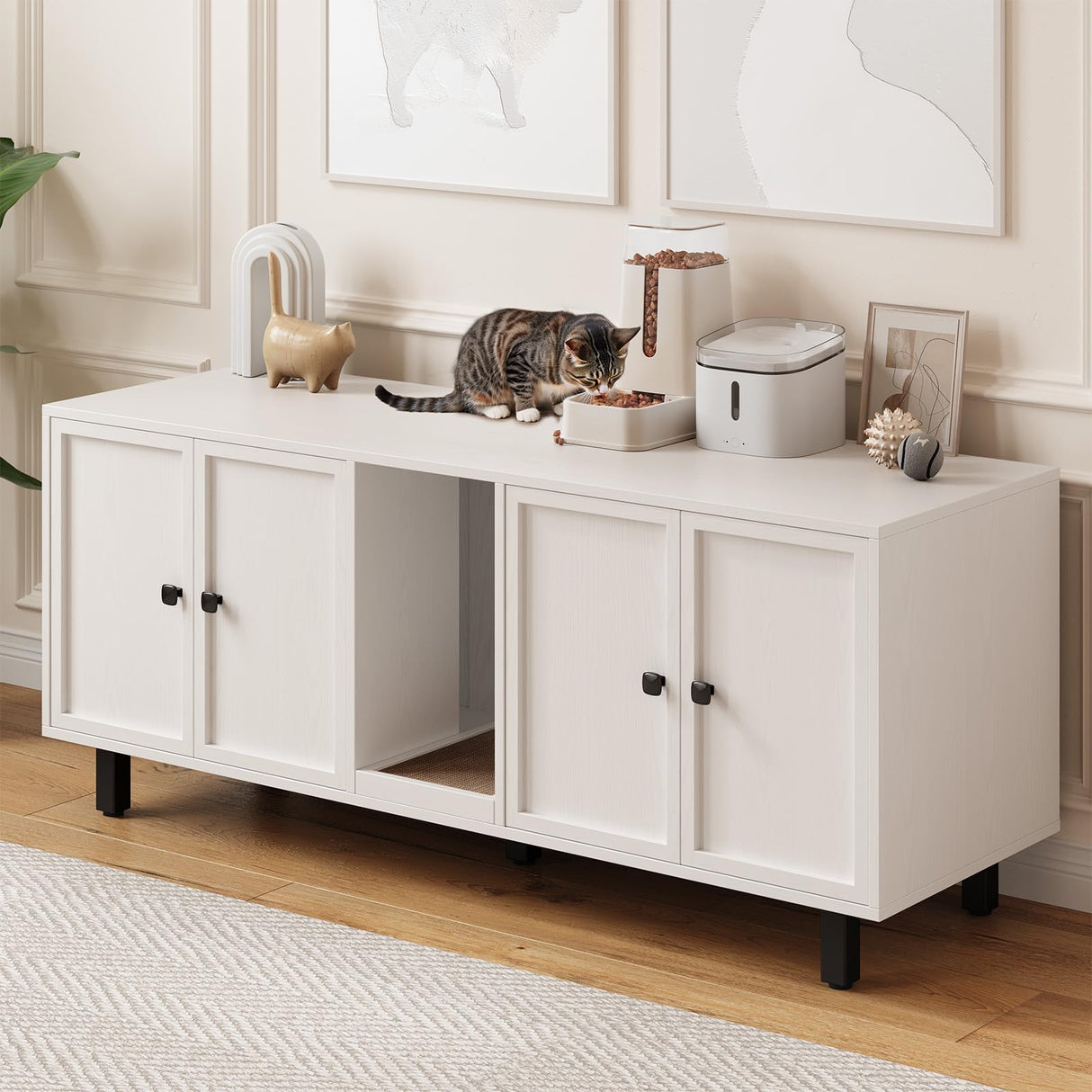 ONBRILL 59 Inches Cat Litter Box Enclosure for 2 Cats, Hidden Litter Boxes Furniture with Cat Scratch Pad, Large Indoor Pet House with Double Room, Wooden TV Stand Side Table, Off White ONBRILL