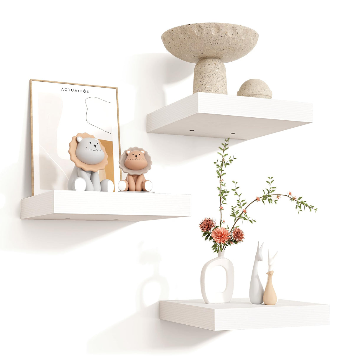 Square Floating Shelves for Wall, 8"W x 8"D x 1.3"H, 3 Pack of Small Wall Mounted Engineered Wood Shelves with Invisible Brackets for Living Room, Bedroom, Bathroom, Kitchen Decor and Storage, White Venusmiles