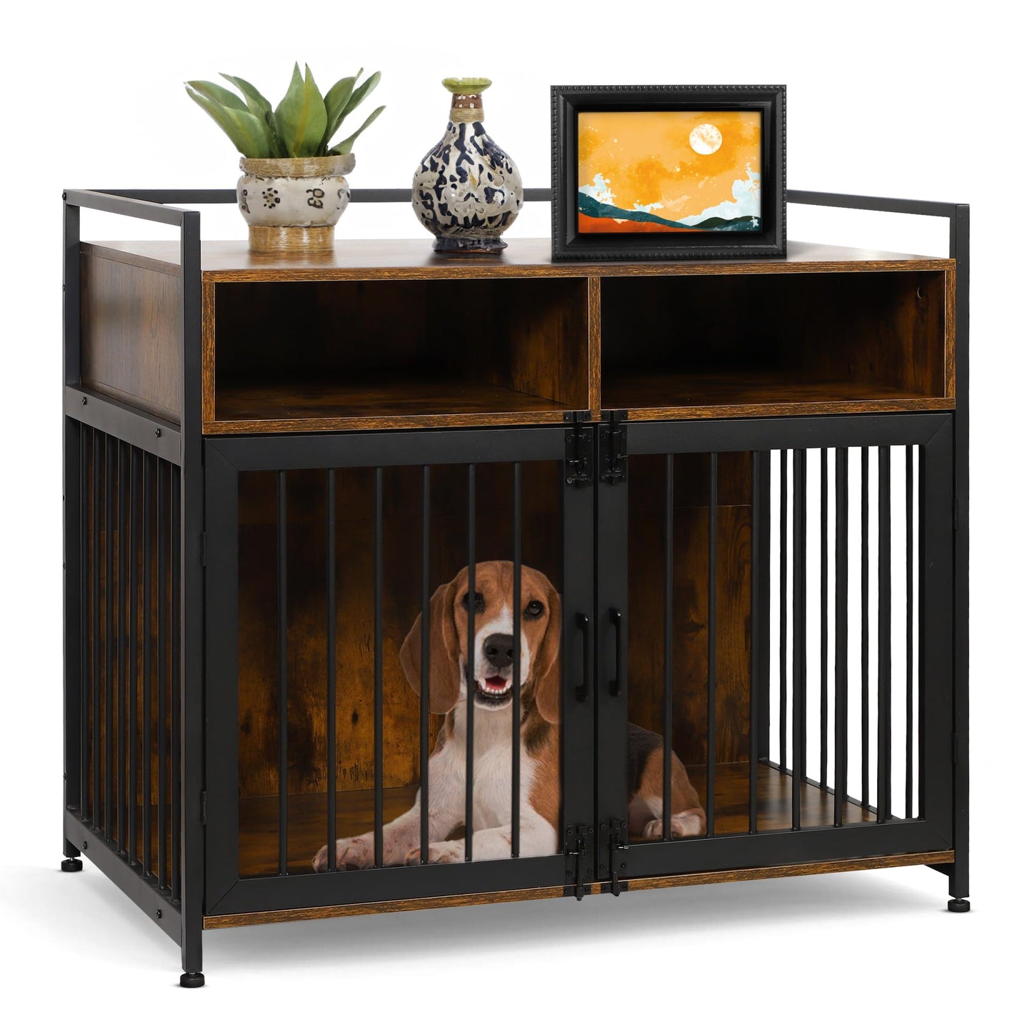 Houseables Dog Crate Furniture, Dog Kennel Indoor, Medium Dog Crate, Dog Kennel Furniture, 41 Inch, Metal, Rustic Brown Wood, Dog Crate Table, Wooden Dog Crate Furniture, Furniture Crate for S-M Dogs