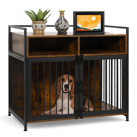 Houseables Dog Crate Furniture, Dog Kennel Indoor, Medium Dog Crate, Dog Kennel Furniture, 41 Inch, Metal, Rustic Brown Wood, Dog Crate Table, Wooden Dog Crate Furniture, Furniture Crate for S-M Dogs Houseables