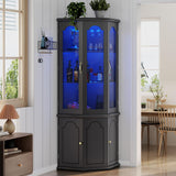 Gyfimoie Corner Bar Cabinet w/LED Lights, Tall Modern Wine Cabinet with Tempered Glass Door & Adjustable Shelves, Home Bar Liquor Storage Cabinet with Glass Rack for Living Room, Dining Room (Black) Gyfimoie