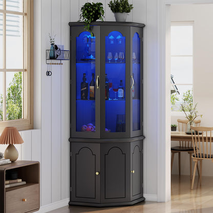 Gyfimoie Corner Bar Cabinet w/LED Lights, Tall Modern Wine Cabinet with Tempered Glass Door & Adjustable Shelves, Home Bar Liquor Storage Cabinet with Glass Rack for Living Room, Dining Room (Black)