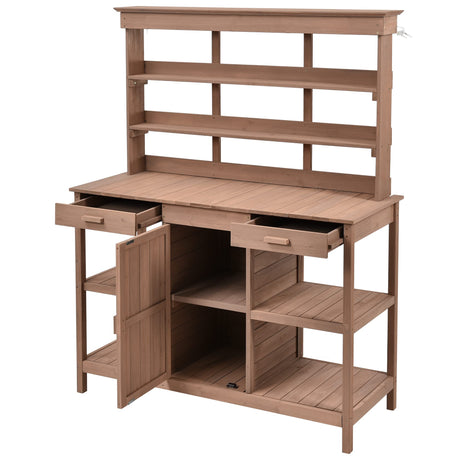 66" Large Outdoor Farmhouse Wooden Potting Bench Table, Garden Workstation with 2 Drawers, Cabinet and Open Shelves for Backyard, Mudroom (Brown-@16) Tdewlye