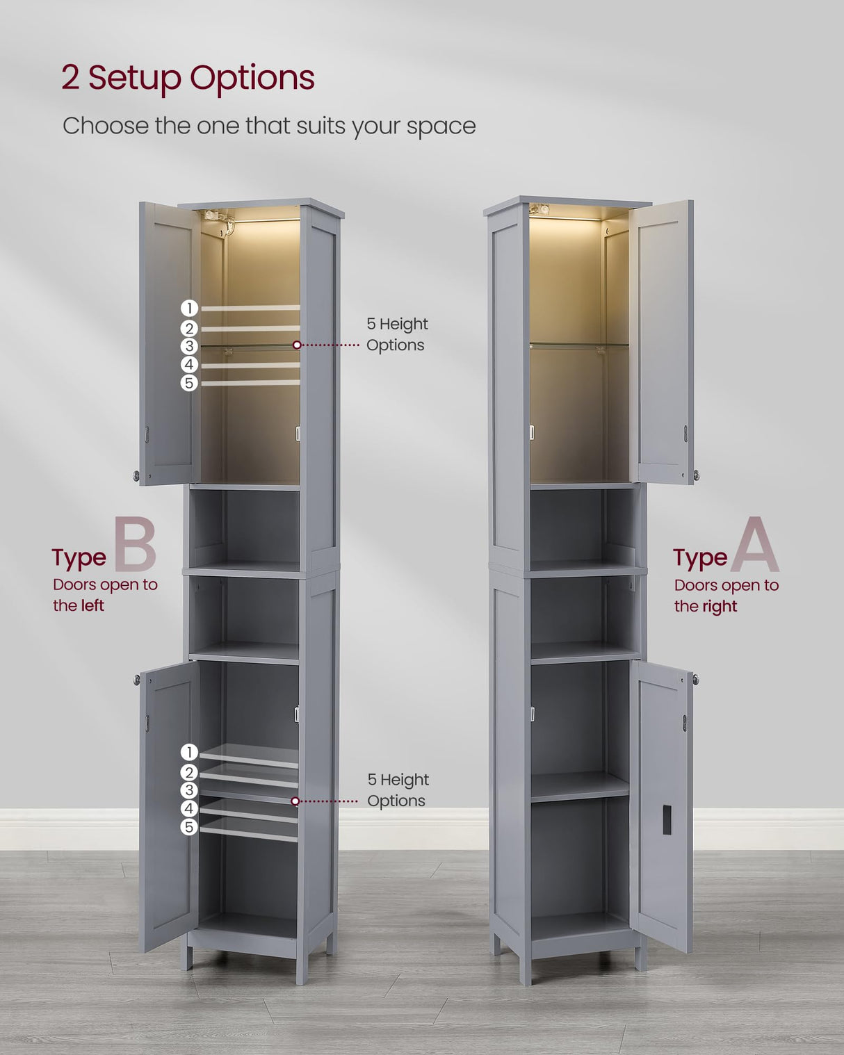 VASAGLE Tall Bathroom Cabinet with Lights, Slim Bathroom Storage Cabinet, Freestanding Narrow Cabinet with Adjustable Shelves, for Small Spaces, Modern, 11.8 Inches Wide, Dove Gray UBBC566G02 VASAGLE