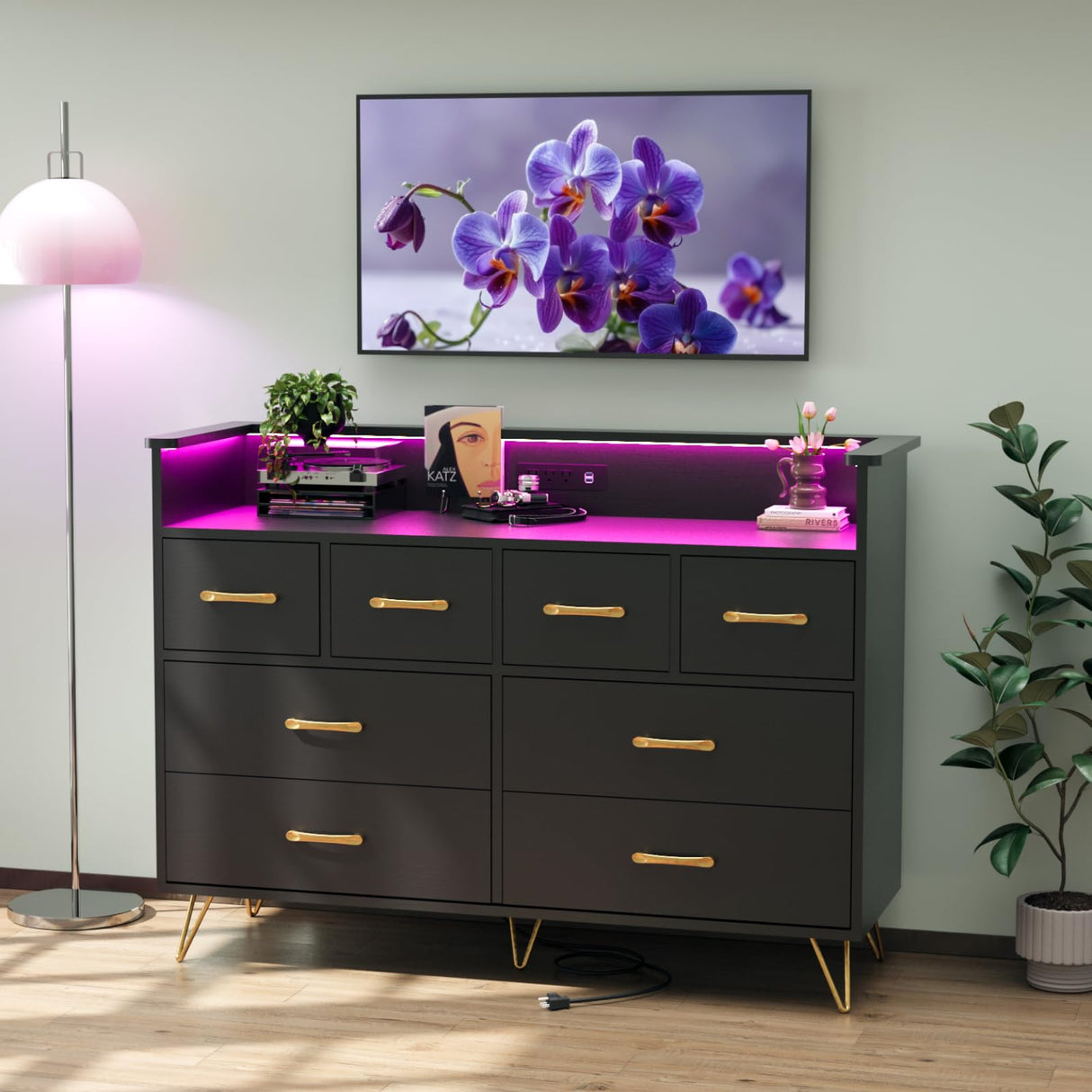 Black Dresser with Power Outlet and LED Lights, Wood 8 Drawer Dresser for Bedroom, Modern Chest of Drawers with Gold Handles and Open Storage Space for Closet, Living Room, Entryway HarmoHaby