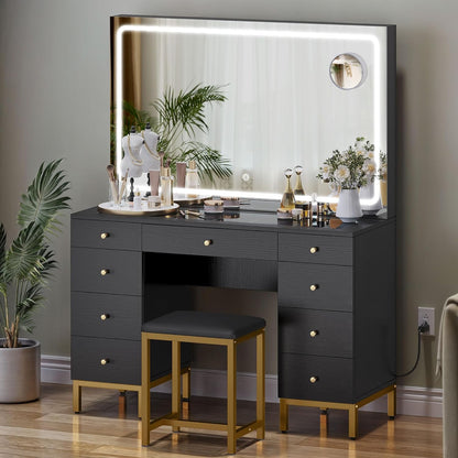 DWVO Large Black Makeup Vanity Desk Set with LED Mirror & Charger Station, Glass Top Vanity with 9 Drawers and Adjustable 3 Color Lighting Modes, Vanity Desk with Chair