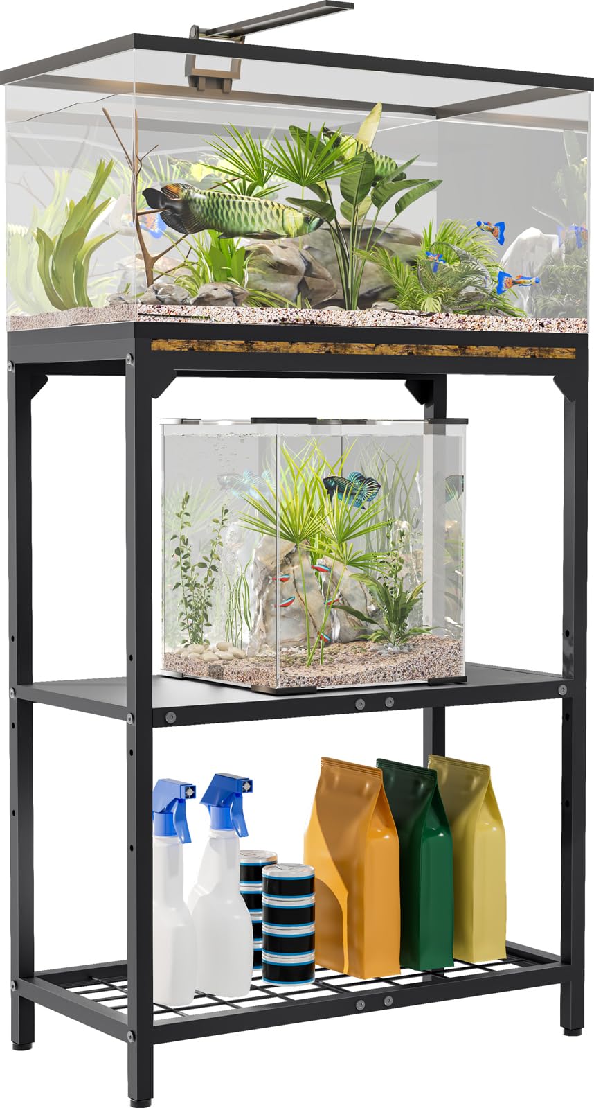 AnBaiMei 20 Gallon Aquarium Stand, Metal Fish Tank Stand with Adjustable 3-Tier Storage Shelf, Heavy Duty Reptile Breeder Turtle Tank Terrarium Rack Table for Home Office, 24" L x 12" W x 32.2" H, Black AnBaiMei