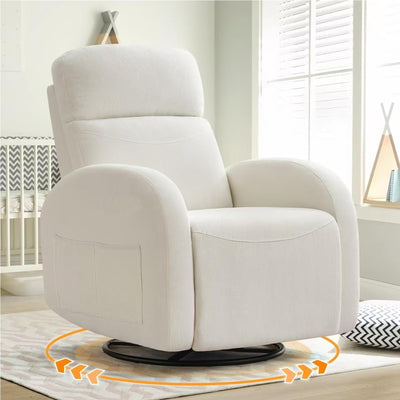 AEMEIOS Swivel Recliner Rocker Nursery, Chenille Nursering Glider Recliner, Manual Swivel Rocking Reclining with Double Pockets for Living Room, Cream White