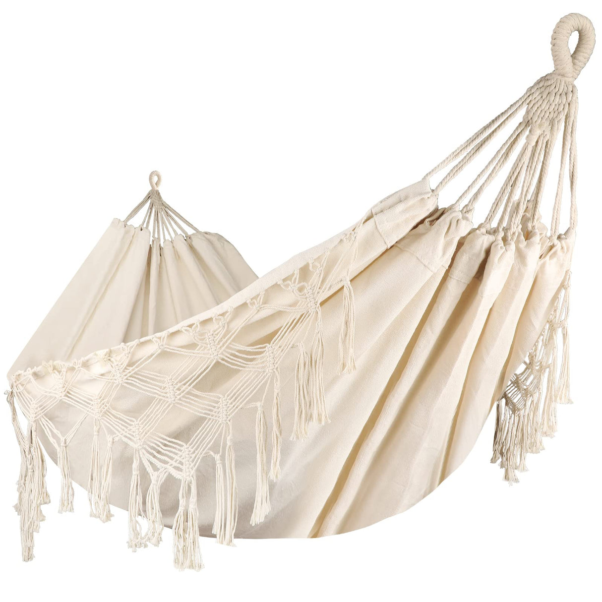 Bellzacasa Double Hammock, Heavy Duty 500 lb Load Capacity Tassels and Fishtail Knitting with Mounting Straps for Outdoor Camping Patio Balcony Beige Bellzacasa