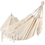 Bellzacasa Double Hammock, Heavy Duty 500 lb Load Capacity Tassels and Fishtail Knitting with Mounting Straps for Outdoor Camping Patio Balcony Beige Bellzacasa