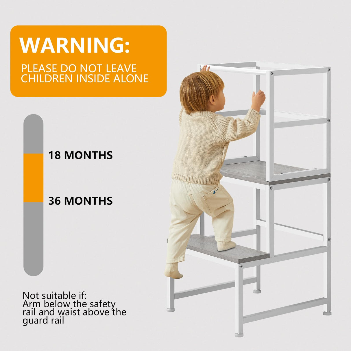 LIANTRAL Toddler Kitchen Stool Helper, Toddler Standing Tower with Safety Rail, Kids Kitchen Step Stool, Wood and Metal, Kids Counter Level Learning Stool for Kitchen, Bathroom, White LIANTRAL
