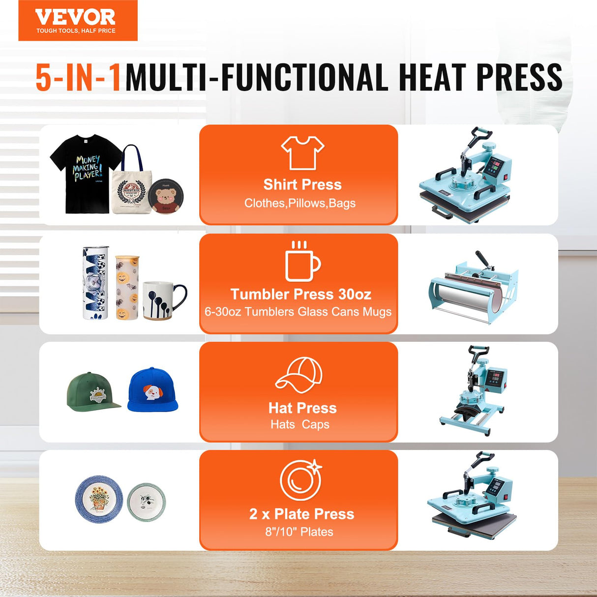 VEVOR 8 in 1 Heat Press with 30 OZ Tumbler Press, Hat Press, 360° Swing Away 12 x 15 inch Heat Press Machine for T-Shirts/Mugs/Hats/Plates, Light Green VEVOR
