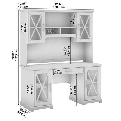 Bush Furniture Lennox Farmhouse Desk with Hutch and Keyboard Tray | Computer Table for Home Office, 60W, Linen White Oak - WoodArtSupply