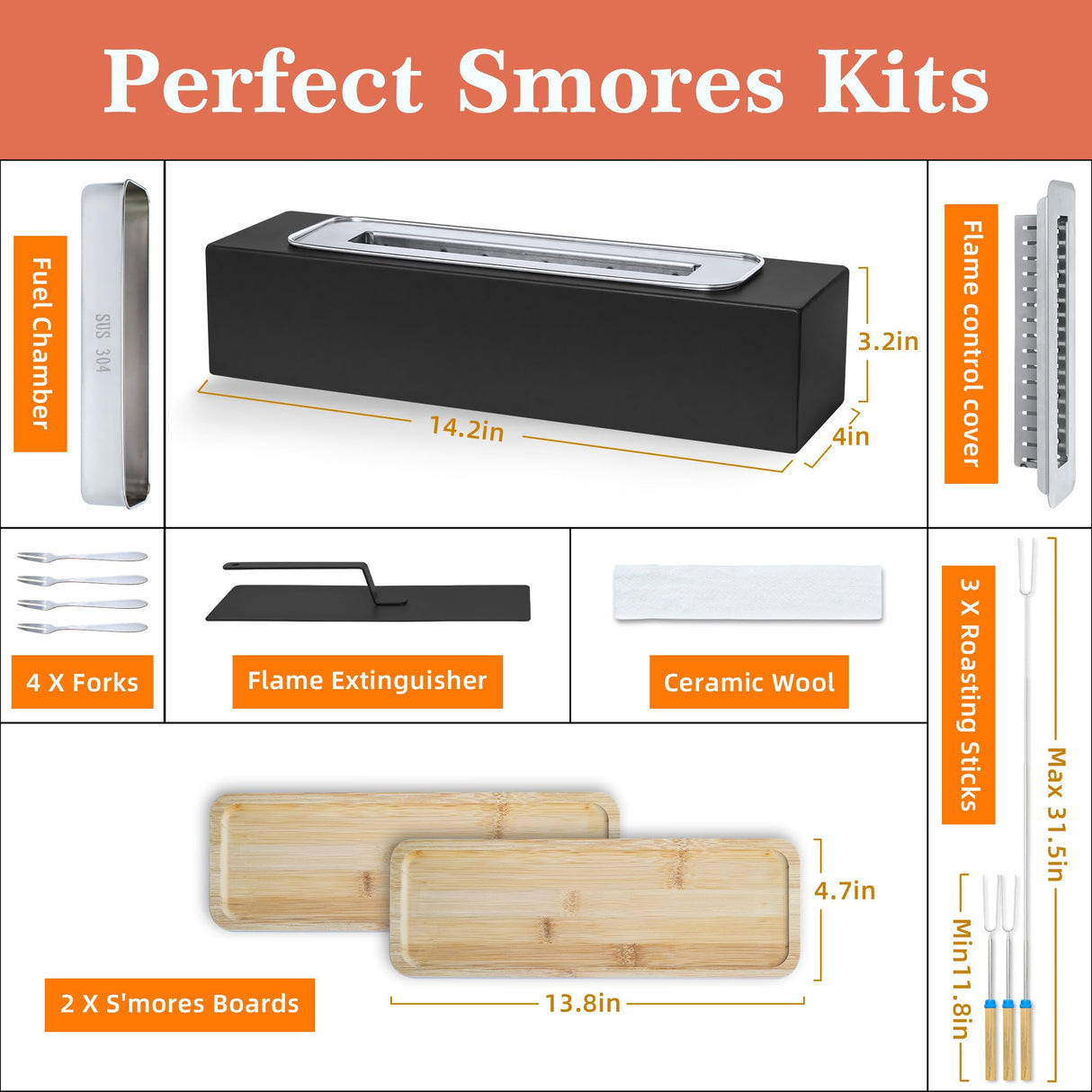 Tabletop Fire Pit with Smores Kit, Table Top Firepit Smores Maker, Portable Outdoor Fireplace Tabletop Decor Home Patio Balcony Backyard Gifts for Mom Dad Men - White Elephant Unique Gift, Black HRANBOTY