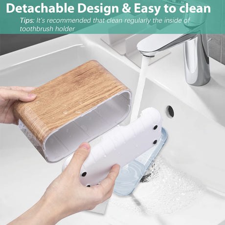 Boperzi Toothbrush and Toothpaste Holder Wood Grain for Bathroom Countertop with Adjustable Dividers, Toothpaste Caddy Organizer Storage Rustic Decor Set Freestanding Anti-Slip for Shower,Family,Kids Boperzi