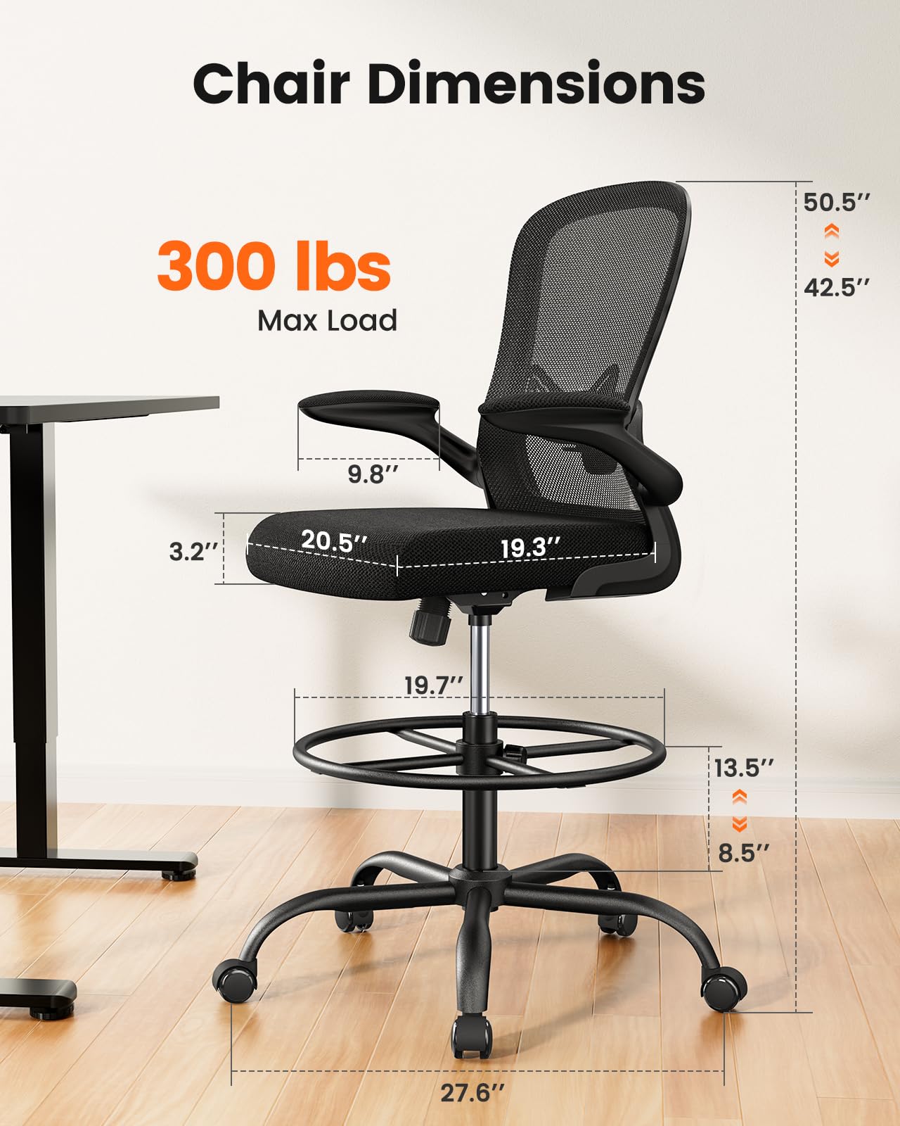 ErGear Drafting Chair, Standing Desk Chair with Flip-Up Armrests, High Desk Chair Adjustable Height, Ergonomic Tall Office Chair with Lumbar Support and Adjustable Footrest Ring