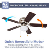 Prominence Home Alvina Traditional 42 Inch Ceiling Fan with Light, LED Flush Mount Ceiling Fan, Indoor Fan with 5 Blades, Walnut Brown and Maple Brown Blade Finish Options, Satin Nickel (80029-01) Prominence Home