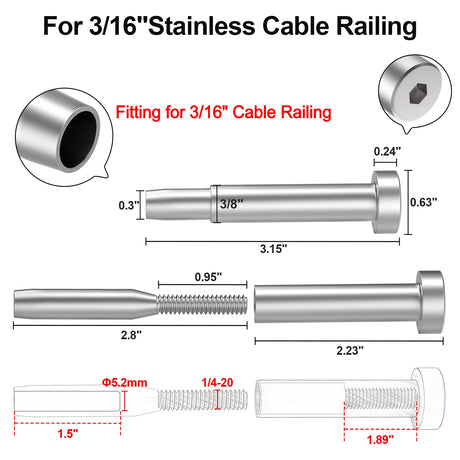 BLIKA 40 Pack 3/16" Invisible Cable Railing Kit, Stainless Steel Invisible Receiver and Swage Stud End, Cable Railing Tensioner 3/16" for 2"x2", 4"x4" Wood/Metal Posts, 3/16" Cable Railing Hardware BLIKA