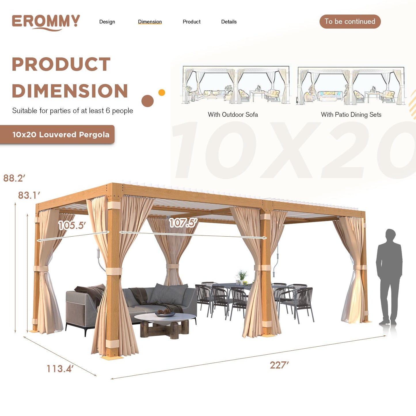 EROMMY Louvered Pergola 12' x 20' Outdoor Hard Top Gazebo with Wooden Grain Aluminum Frame and Adjustable Metal Rainproof Roof for Garden & Patio,