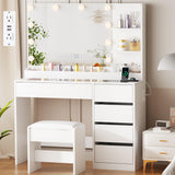 ANWBROAD Makeup Vanity Desk with Lighted Mirror & Power Outlet 35.4" Vanity Table Set with Glass top 5 Drawers Shelves Small Modern Dressing Table 3 Lighting Colors Stool Bedroom White Girls UBDT74W ANWBROAD
