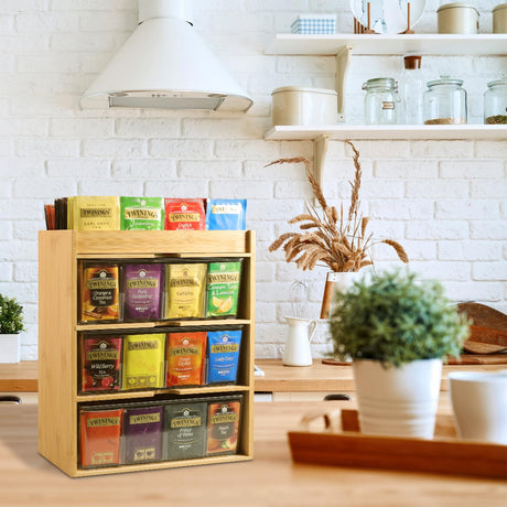 TIMIEEYA Tea Bag Organizer - Bamboo Tea Storage Organizer With Drawer 3 Layer, Tea Organizer for Tea Bags Natural Wood & Acrylic for Countertop Office Kitchen Cabinet Pantry TIMIEEYA