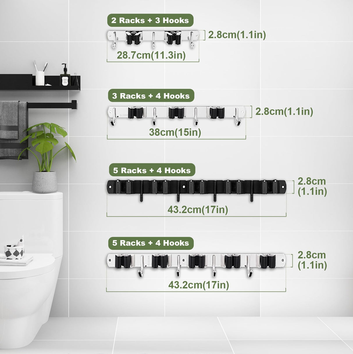 2 Pack 3 Racks and 4 Hooks Broom and Mop Holder Wall Mounted Garage Organizer Storage Tool Racks Stainless Steel Heavy Duty Hooks Self Adhesive Solid Non-slip Wall Hangers for Home Kitchen Garden AceMining