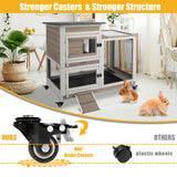 Gowoodhut 40"L Rabbit Hutch Indoor Wooden Large Bunny Hutch Outdoor 2 Story Rabbit Cage on 4 Metal Wheels with Run and 2 Deeper Pull Out Trays UV Panel Guinea Pig Pet House for Small to Medium Animals Gowoodhut