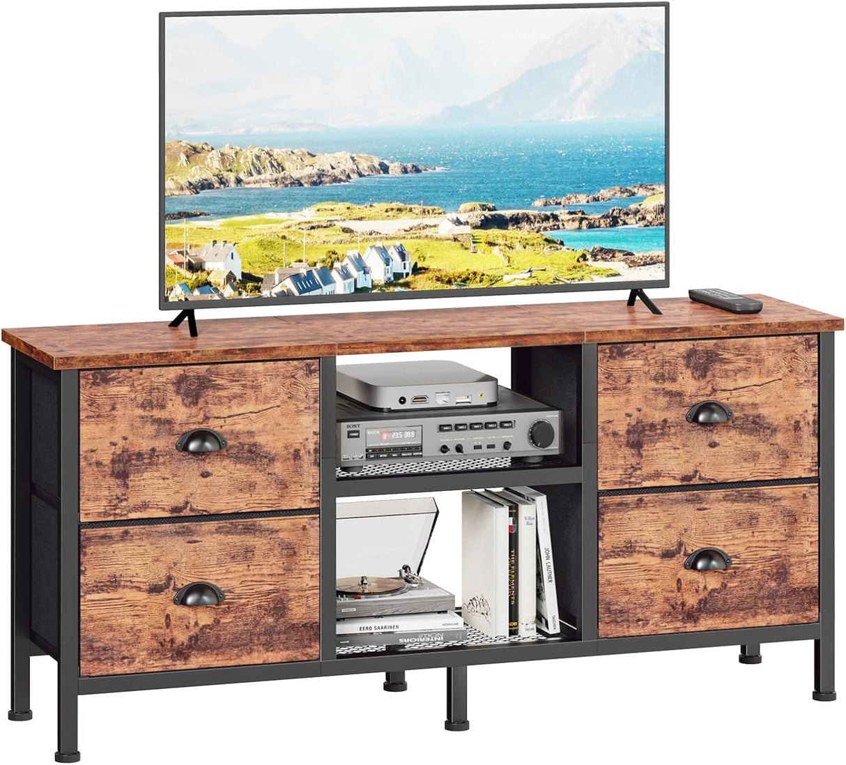 Furologee TV Stand Dresser with 4 Drawers, Small TV Console Table with Open Shelf, Entertainment Center for 50" TV, Industrial Media Center for Bedroom, Living Room, Rustic Brown Furologee