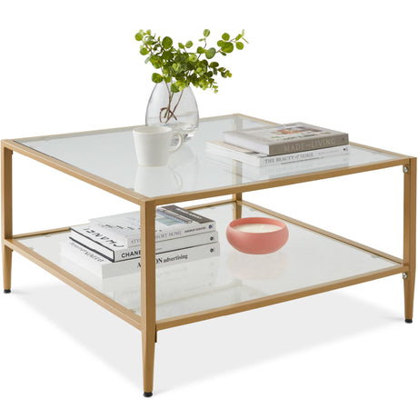 Best Choice Products 32” Square Glass Coffee Table, Large 2-Tier Accent Furniture for Living Room, Bedroom w/Metal Frame, Glass Shelves - Gold Best Choice Products